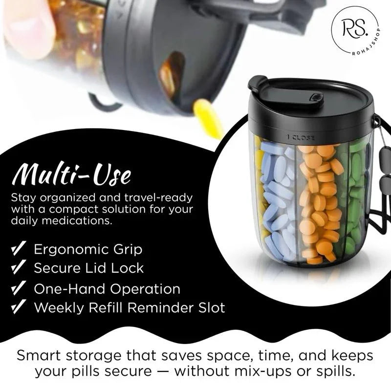 Large Black Pill Dispenser 6 Compartments Portable Anti Mix BPA Free Travel Organizer