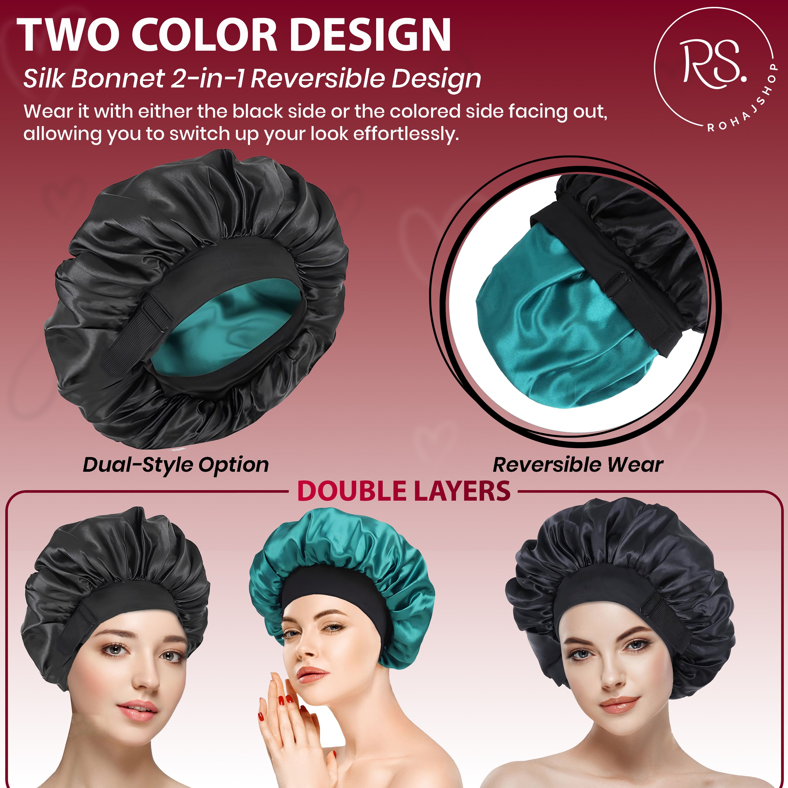 ROHAJSHOP Unisex Double Layered Satin Hair Bonnet for Sleep with Elastic Adjustable Strap, Protects Hairstyles & Moisture, Prevents Pillow Stains, Hand Washable
