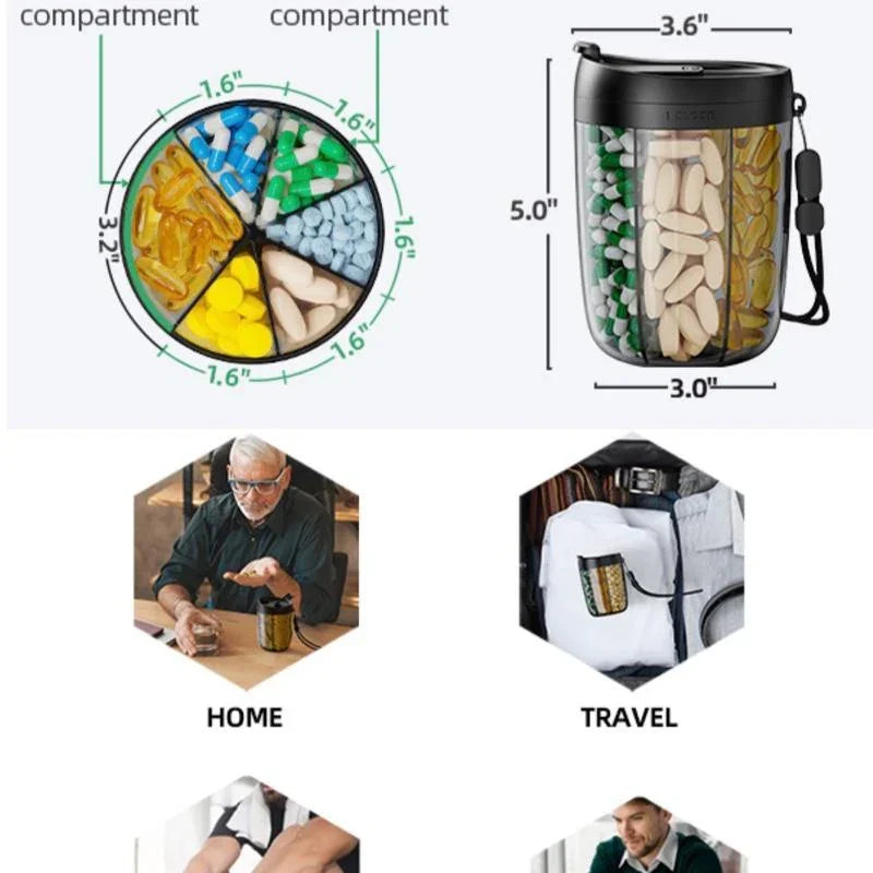 Large Black Pill Dispenser 6 Compartments Portable Anti Mix BPA Free Travel Organizer