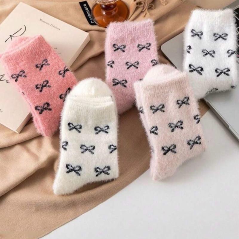 5 Pairs Women's Thick Warm Fuzzy Socks With Bow Design