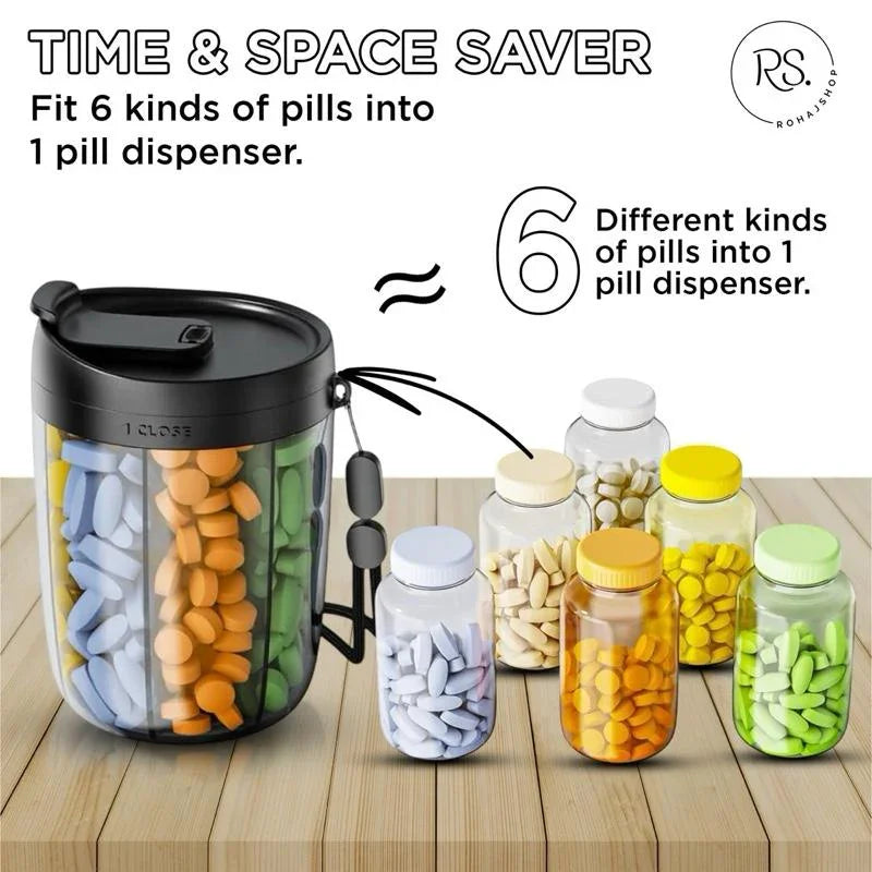 Large Black Pill Dispenser 6 Compartments Portable Anti Mix BPA Free Travel Organizer