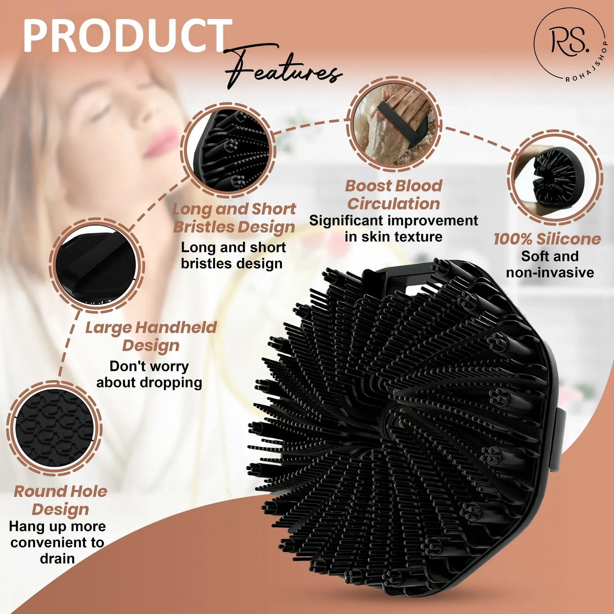 ROHAJSHOP Silicone Body Scrubber Exfoliating Bath Brush 4 Piece Set