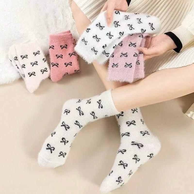 5 Pairs Women's Thick Warm Fuzzy Socks With Bow Design