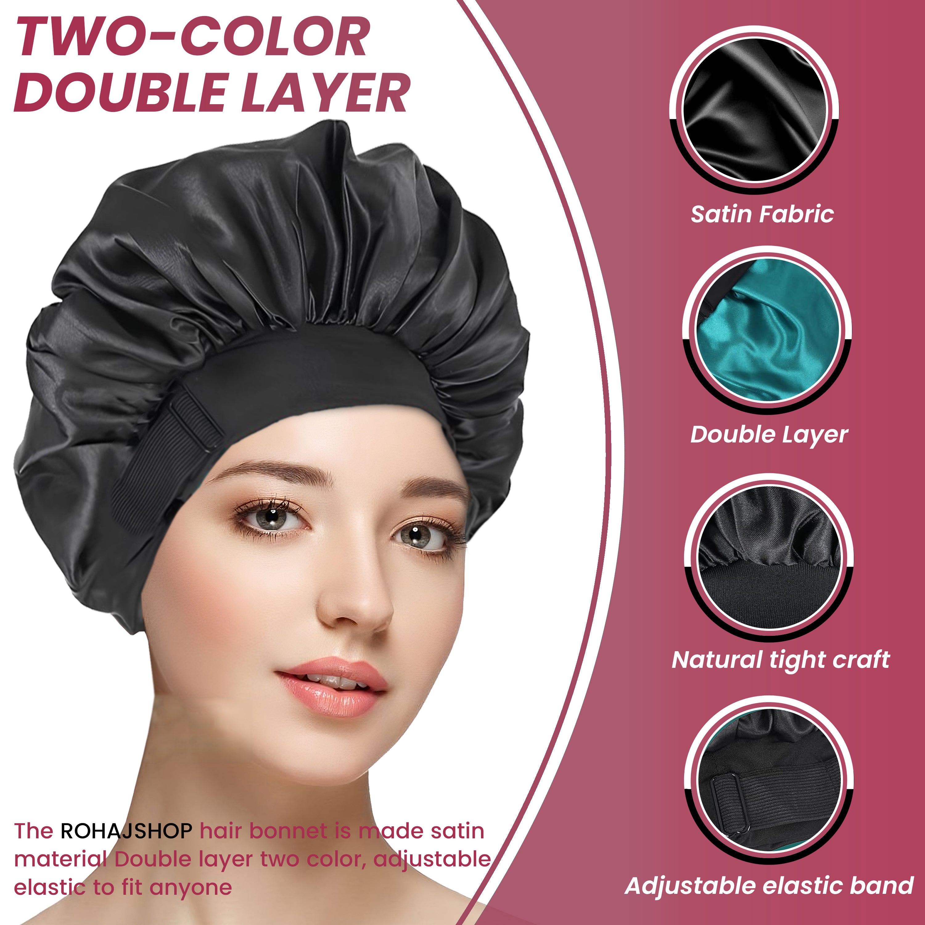 ROHAJSHOP Unisex Double Layered Satin Hair Bonnet for Sleep with Elastic Adjustable Strap, Protects Hairstyles & Moisture, Prevents Pillow Stains, Hand Washable