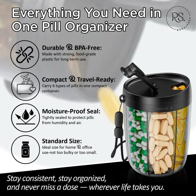Large Black Pill Dispenser 6 Compartments Portable Anti Mix BPA Free Travel Organizer