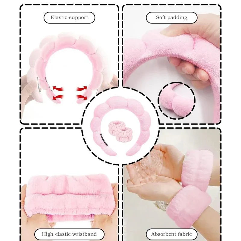 2 Pack Puffy Makeup Headbands with Wristbands Set