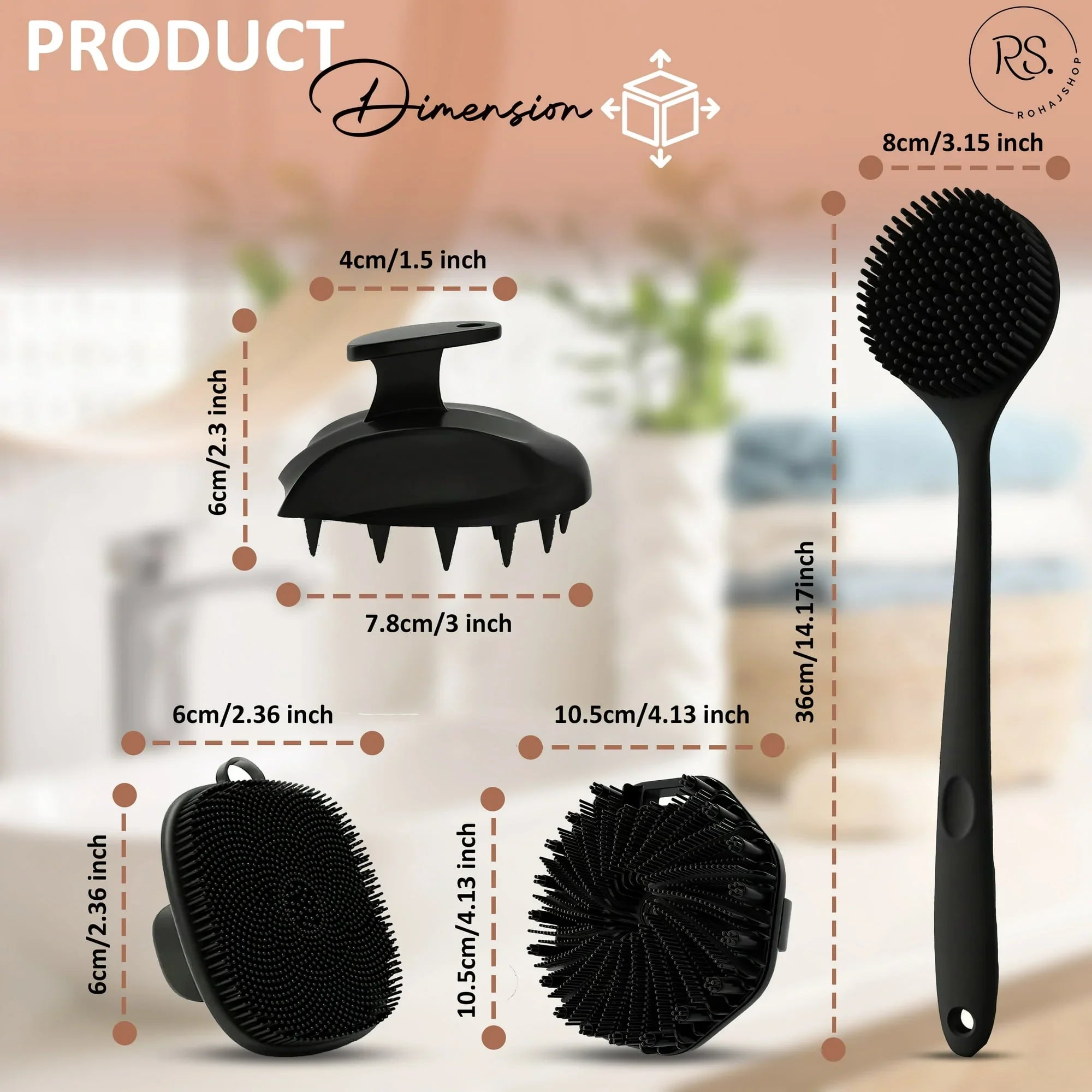 ROHAJSHOP Silicone Body Scrubber Exfoliating Bath Brush 4 Piece Set